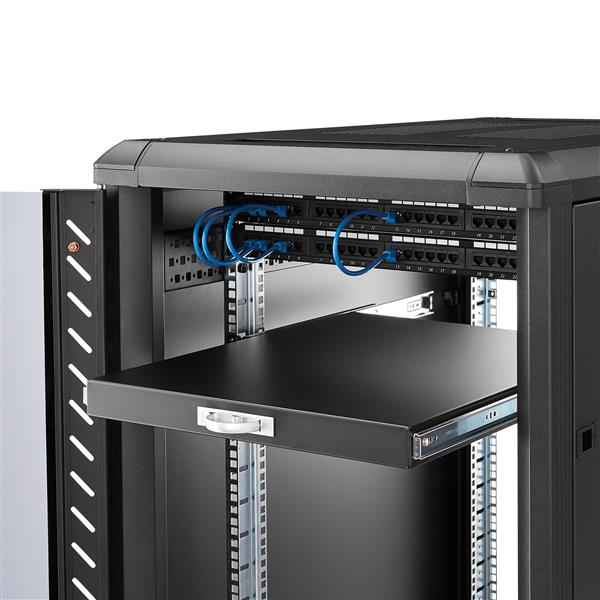 55cm (22in) Black Deep Sliding Server Rack Shelf - 1U Pull-Out Drawer for Equipment Storage