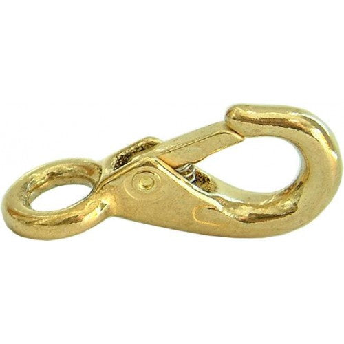 Heavy-duty brass snap hook with a 3/8" eyelet, ideal for rigging and securing equipment in harsh environments.