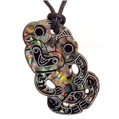 Vibrant Paua Fancy Tiki Pendant on adjustable black cord, showcasing unique colors and cultural significance of New Zealand.