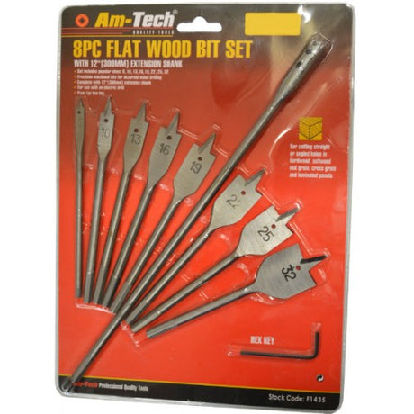 Set of 8 precision spade wood bits with 12-inch extension for versatile drilling in various materials.