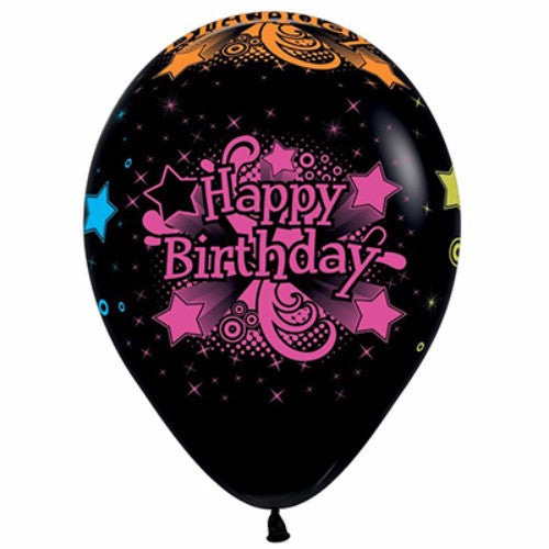 Balloons - Happy Birthday Black &amp; Neon  - Pack of 12