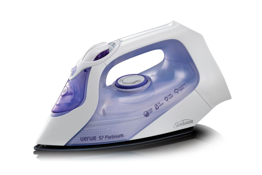 Purple Sunbeam Verve 57 Platinum Iron with 2400W power and Teflon soleplate for effortless wrinkle removal.