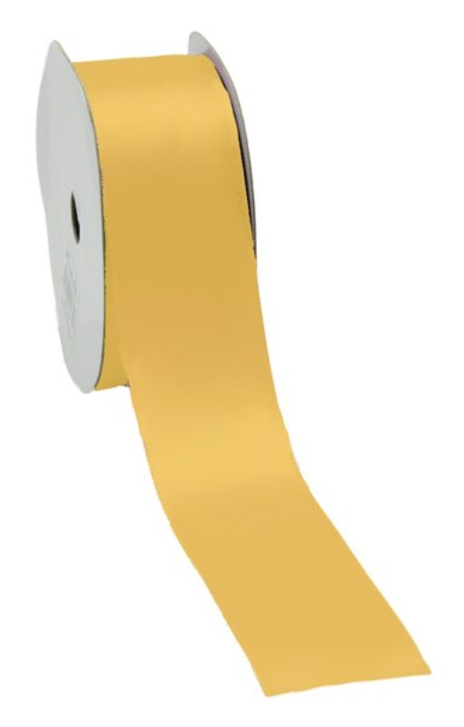 Luxurious old gold satin ribbon, 38mm wide and 25m long, ideal for gift wrapping and decorative projects.