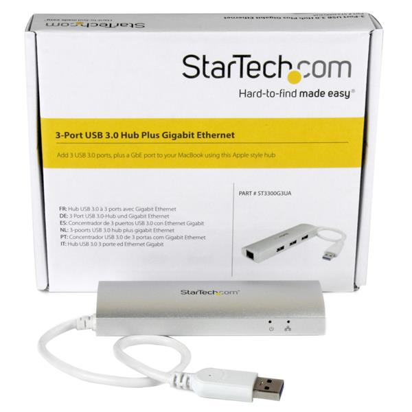 3-Port USB 3.0 Hub with Gigabit Ethernet - Portable USB Hub and Ethernet Adapter for MacBook