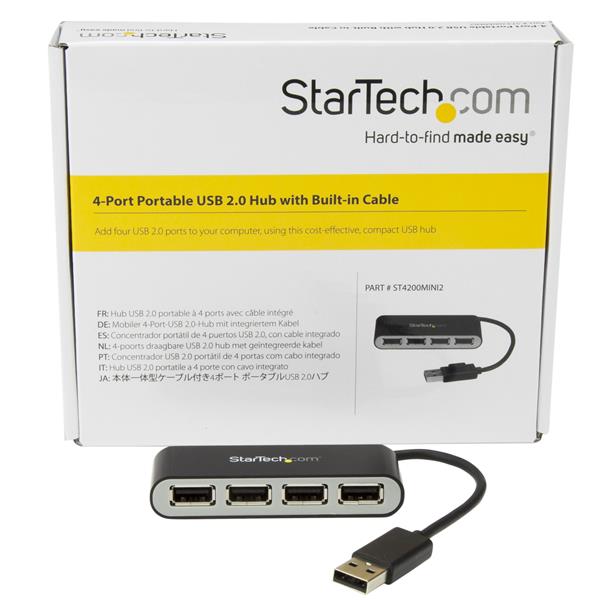 Compact 4-Port Portable USB 2.0 Hub with Built-in Cable - Ideal for Travel and Connectivity