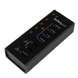 4-Port USB 3.0 Hub with 3 fast charging ports for efficient data transfer and mobile device charging in a compact design.