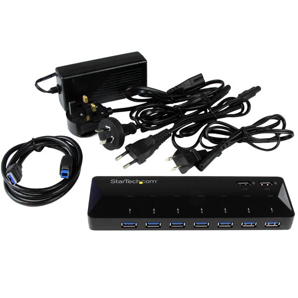 7-Port USB 3.0 Hub with 2 Fast-Charging 2.4A Ports - Ideal for Home & Office Use