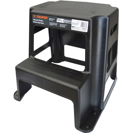 Truper 2 Step Stool with 136kg capacity, anti-slip steps, lightweight, and durable polypropylene for home tasks.