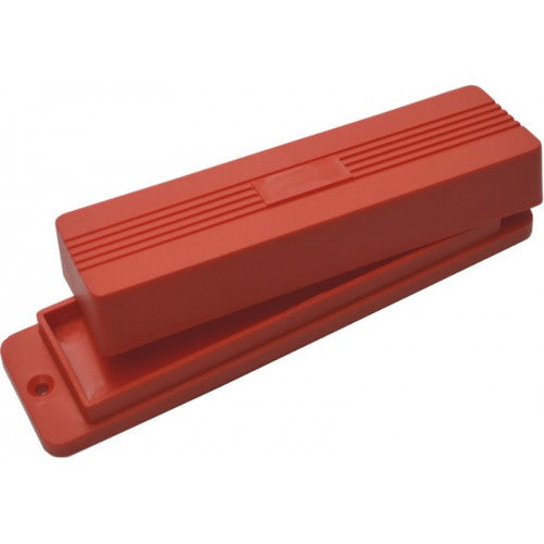 Red Linic 200mm sharpening stone box, oil-resistant, with built-in reservoir for tool maintenance and stability on workbenches.