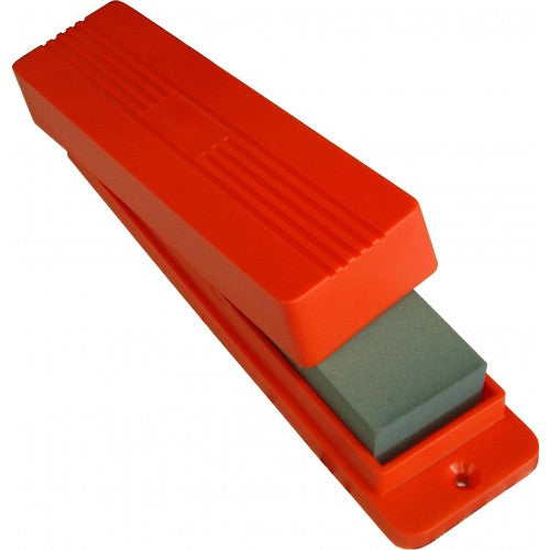 Durable sharpening stone with coarse and smooth surfaces, housed in a protective plastic box for easy organization.