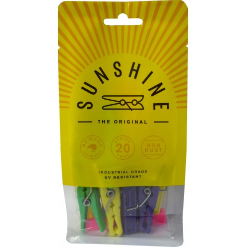 Durable plastic clothes pegs in assorted colors, featuring strong double grip design for secure outdoor drying.