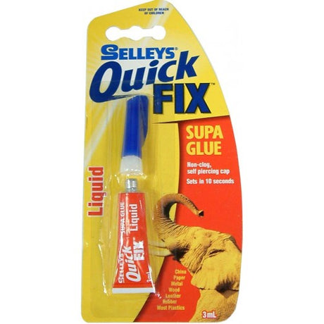 Selleys Supaglue Quick Fix 3ml, a fast-drying adhesive for effective repairs on ceramics, plastics, and metals.