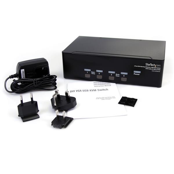 4-Port DVI VGA Dual Monitor KVM Switch with USB Hub & Audio - Control 4 Computers Easily