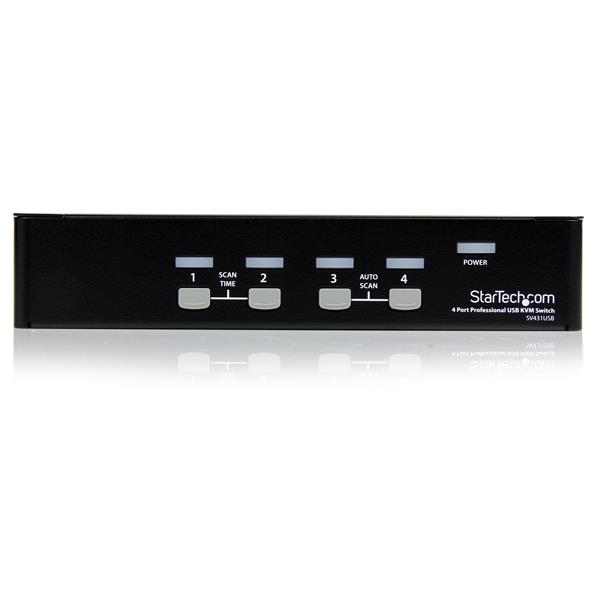 4 Port VGA USB KVM Switch for controlling 4 PCs, high-res support up to 1920x1440, includes USB hub for peripherals.