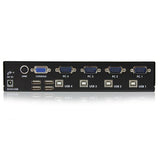 4 Port VGA USB KVM switch for controlling 4 PCs with high-res support, USB hub, and compact rack-mountable design.