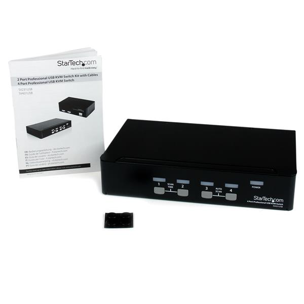4 Port VGA USB KVM Switch allows control of 4 PCs with high resolution, includes USB hub for shared peripherals.