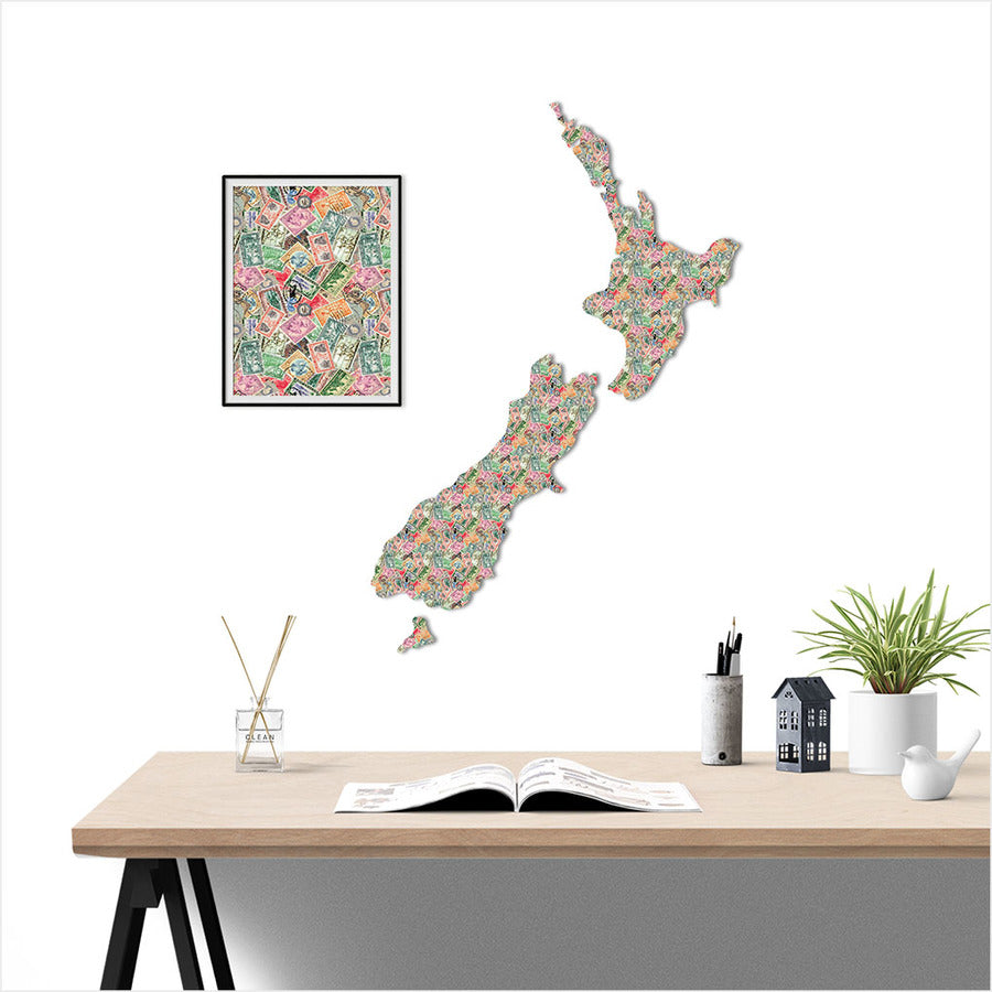 NZ Map In Vintage Stamp Pattern - Wall Art - Large