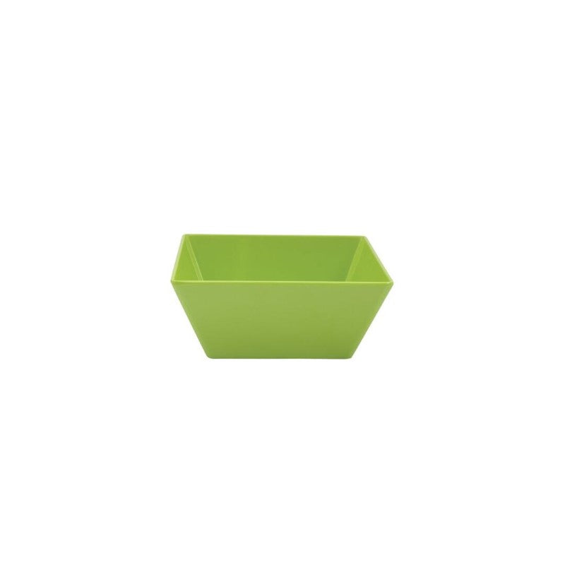 Vibrant lime square bowl made of durable melamine, perfect for serving salads or snacks, 24x24x10 cm.