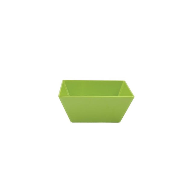 Vibrant lime square bowl made of durable melamine, perfect for serving salads or snacks, 24x24x10 cm.