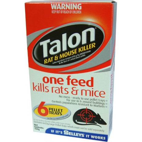 Talon Rat & Mouse Killer Pellets 150g in trays for effective rodent control, safe for homes with children and pets.