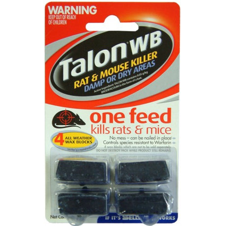 Talon Rat & Mouse Killer Waxed Baits: effective rodent control solution, kills in one feed, ideal for damp and dry areas.