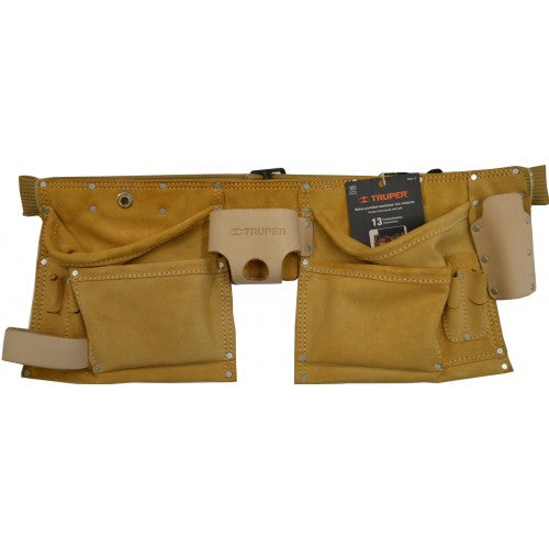 Durable 13-pocket leather carpenters apron with adjustable cotton belt, ideal for tradespeople and enhancing organization.