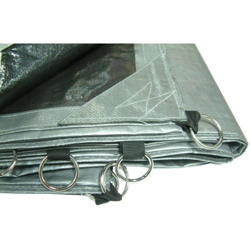 Heavy-duty silver tarpaulin 2.4m x 3m with O-ring eyelets, reinforced corners, and durable 205 gsm material.