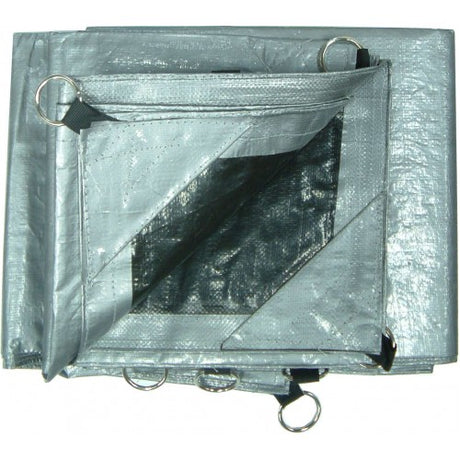 Heavy duty silver tarpaulin 10' x 12' with reinforced edges and O-ring eyelets for secure tie-downs, ideal for protection.