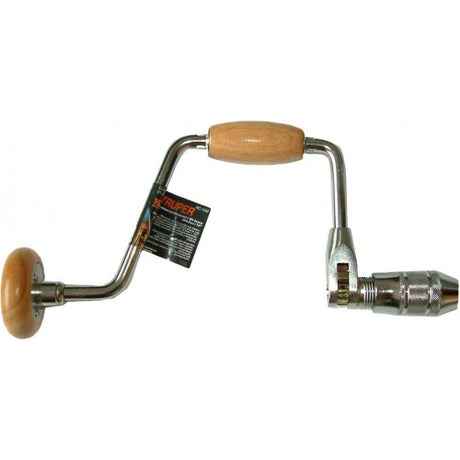 Truper 12" Carpenter's Brace with wood handles, low carbon steel body, ratchet mechanism, and self-centering chuck.