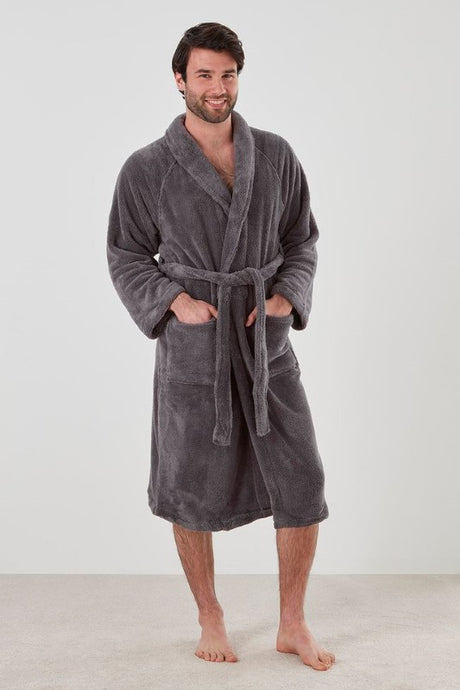 Warm gunmetal bathrobe for men, featuring shawl collar, two pockets, and waist tie, ethically made in Turkey.