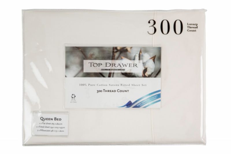 Californian King Sheet Set in Cream, 300TC 100% cotton, includes flat sheet, fitted sheet, and pillowcases for luxury comfort.