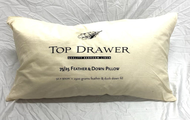 Luxurious Feather & Down Pillow with 75% down, 25% feathers for ultimate comfort and support, 50x90cm size.