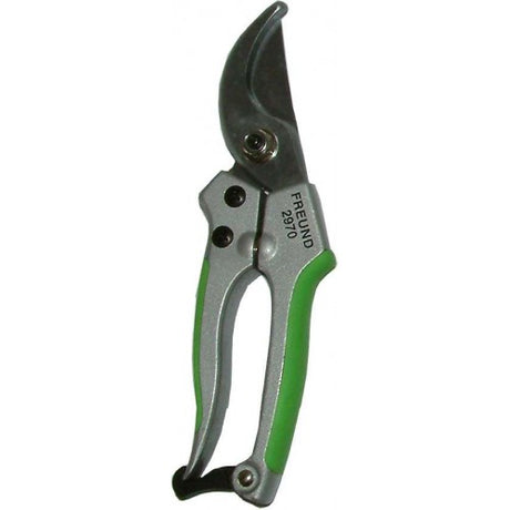 Ergonomic pruning shear with high-carbon steel blades, 18mm cutting capacity, and one-hand lock for easy gardening use.