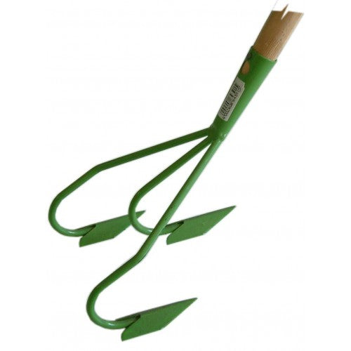 18cm wide 3-prong steel cultivator with sturdy wooden handle for efficient soil aeration and weed management.