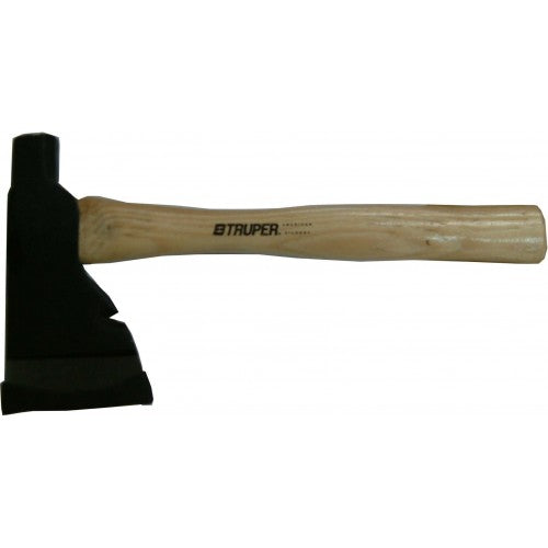 Truper camping hatchet with hickory handle, forged steel head, versatile for chopping and driving stakes.