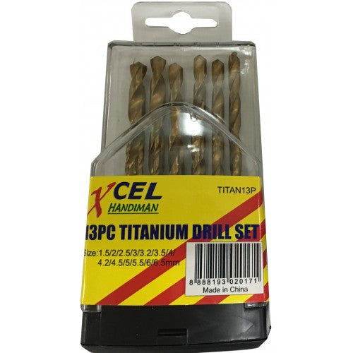 13-piece Titanium Xcel drill set in plastic case, featuring durable bits for precise drilling in wood and metal.