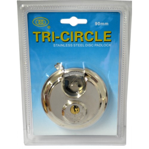 Tricircle TL980 90mm stainless steel discus padlock for high security, resistant to cutting and corrosion.