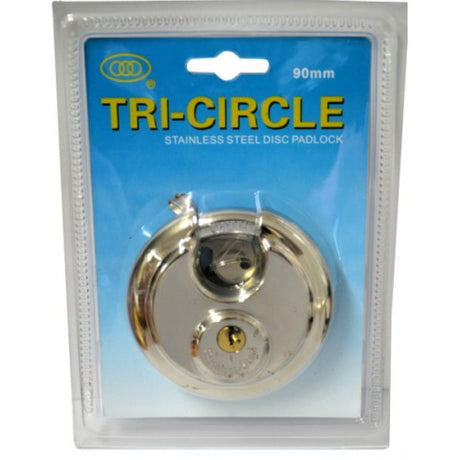 Tricircle TL980 90mm stainless steel discus padlock for high security, resistant to cutting and corrosion.