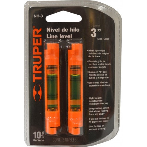 Truper 17058 Line Levels in plastic, 75mm, pack of 2, for accurate leveling with high-visibility vials and 'V' groove design.