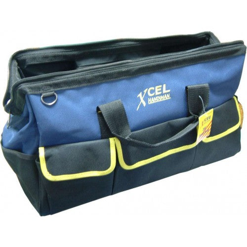 Xcel Handiman 20-inch tool bag with multi-compartments, durable canvas, and stylish blue and black design for organized storage.