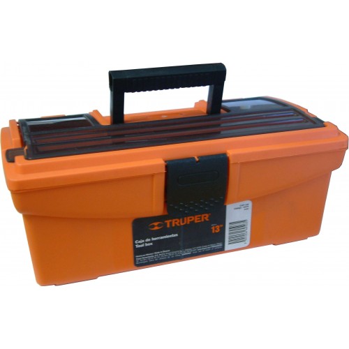 Durable 13" Truper plastic toolbox in orange and black with removable tray, ideal for organized tool storage.