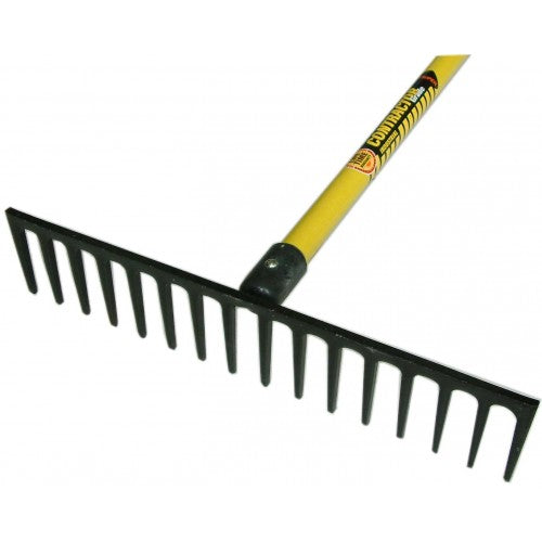 Durable fiberglass-handled garden rake with 16 steel teeth for efficient debris gathering and ergonomic grip.