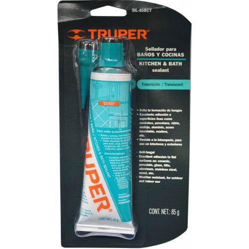 Truper clear silicone sealant 85g tube for waterproof sealing in bathrooms, excellent flexibility, and quick drying.