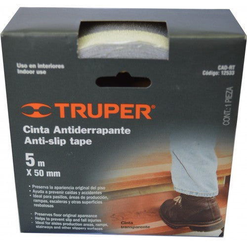 Truper Non Slip Tape 50mm x 5m, clear and durable, enhances traction to prevent slips in various environments.