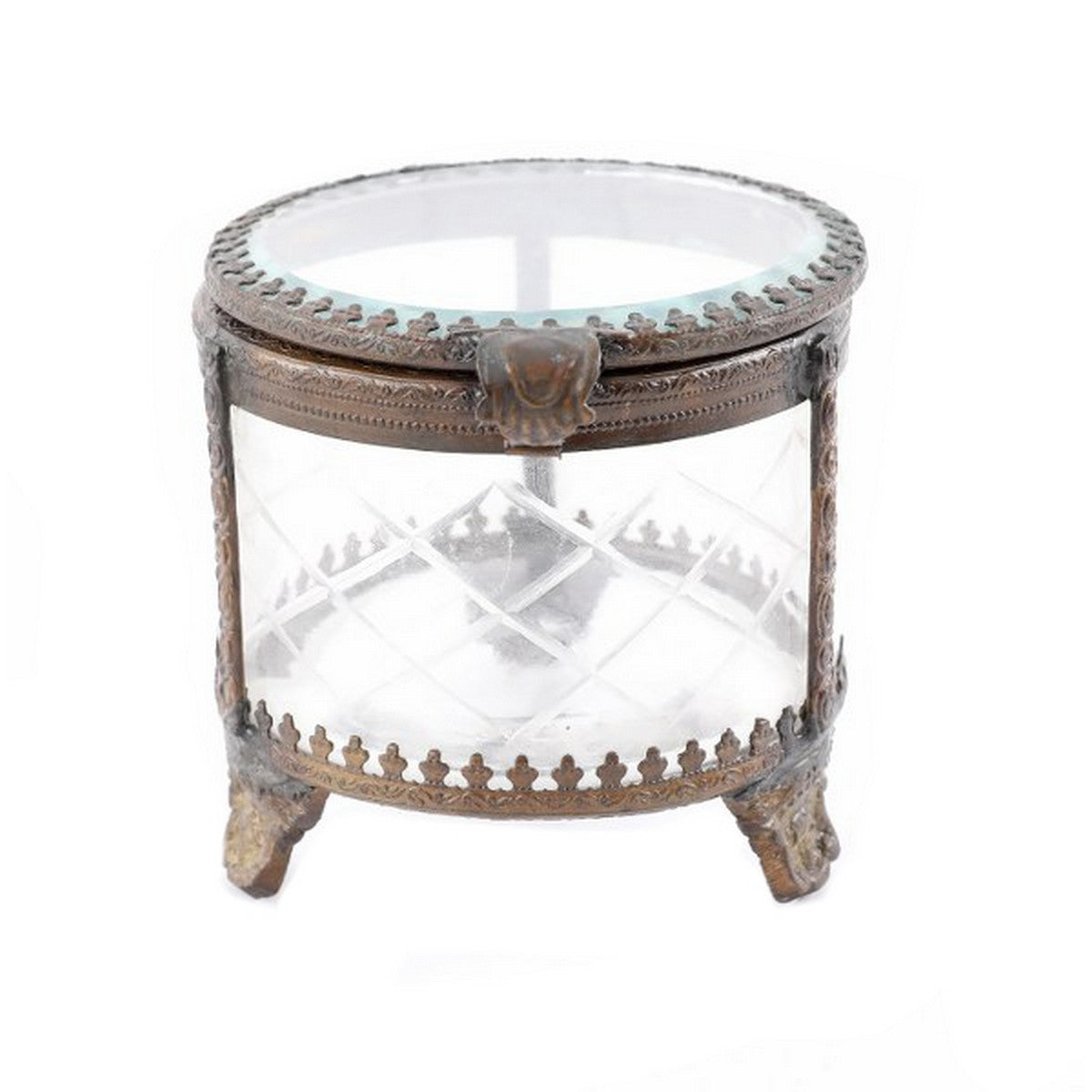 ROUND JEWELLERY BOX - BRASS & GLASS (9.5cm)