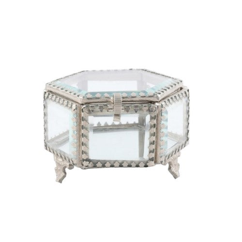 HEXAGON JEWELLERY BOX - BRASS & GLASS (10cm)