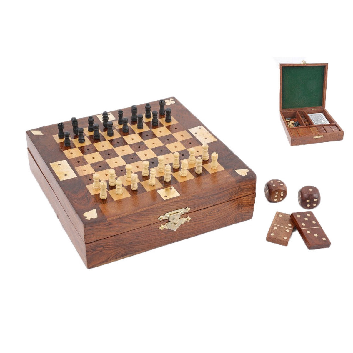 WOODEN GAME SET - CARDS/DICE/DOMINOES/ CHESS
