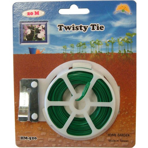 Durable 20m Tie-Wire Twisty Tie dispenser with inbuilt cutter, perfect for gardening, organizing cables, and securing items.