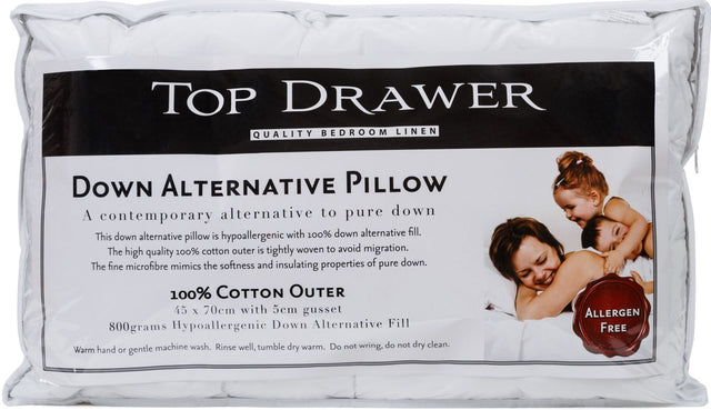 Hypoallergenic Pillow Down Alternative by Top Drawer, 800gsm microfibre fill, 45x70cm, durable cotton with 5cm gusset.