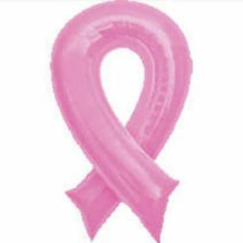 Vibrant pink ribbon foil balloon, 91cm high, symbolizes breast cancer awareness and support for affected individuals.
